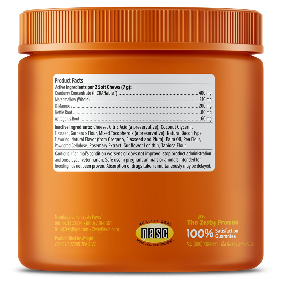 D-Mannose and cranberry blend showcased in Zesty Paws formula for urinary support.