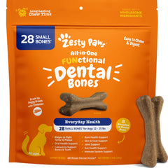 Zesty Paws Dental Bones cinnamon flavor for fresh breath in small dogs.