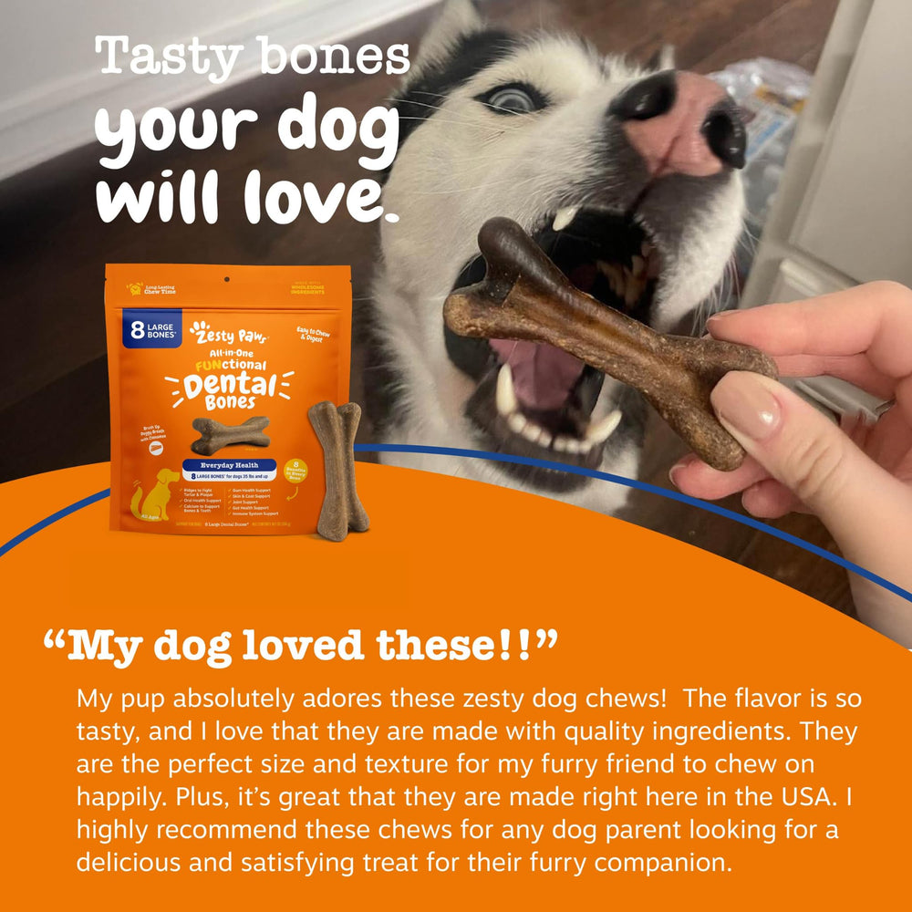 Zesty Paws 8-count package illustration for large-dog dental care.