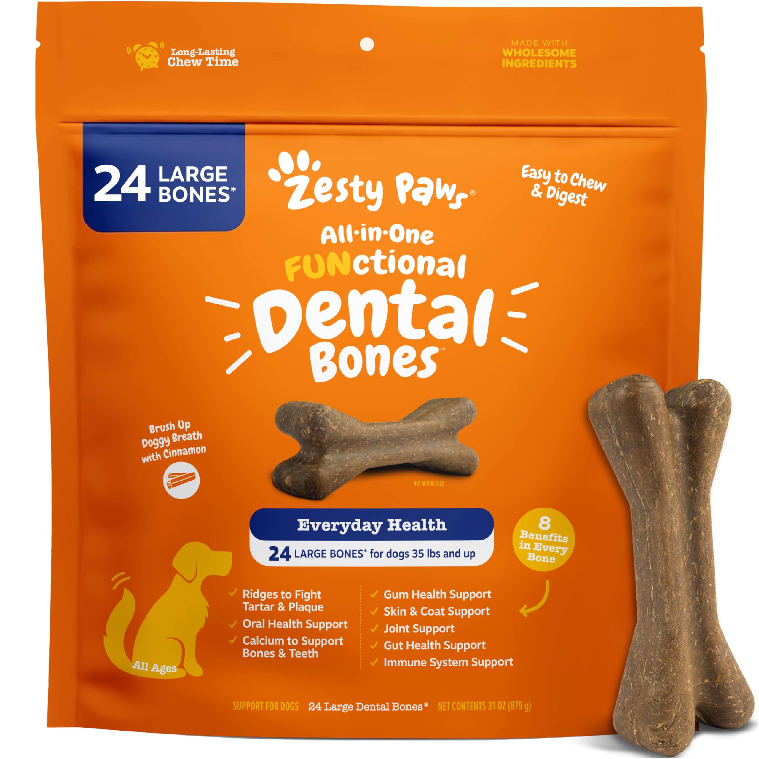 Zesty Paws Dental Bones for large dogs with cinnamon flavor promoting fresh breath.
