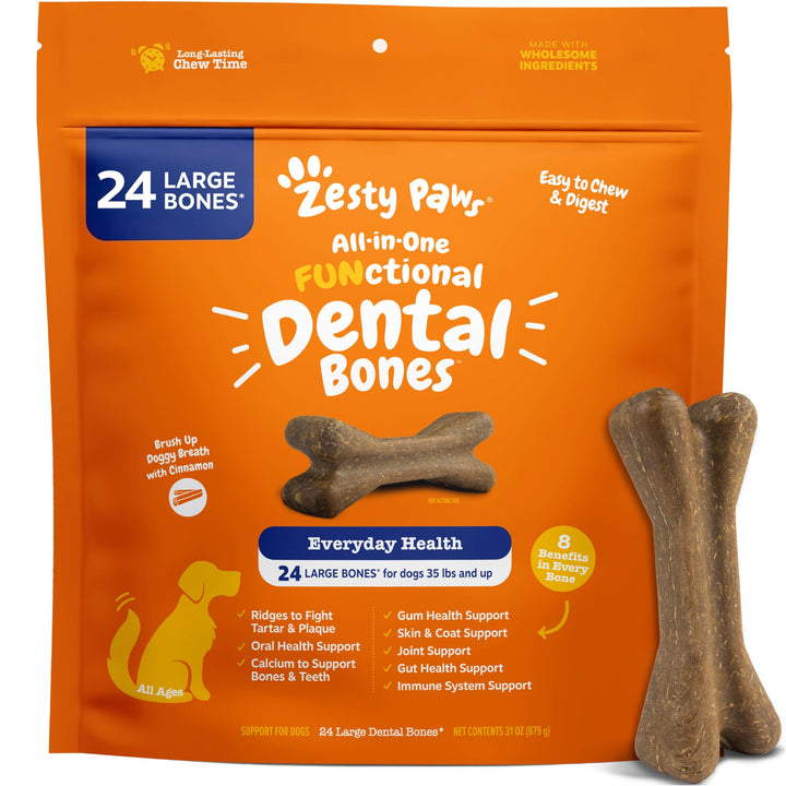 Zesty Paws Dental Bones for large dogs with cinnamon flavor promoting fresh breath.