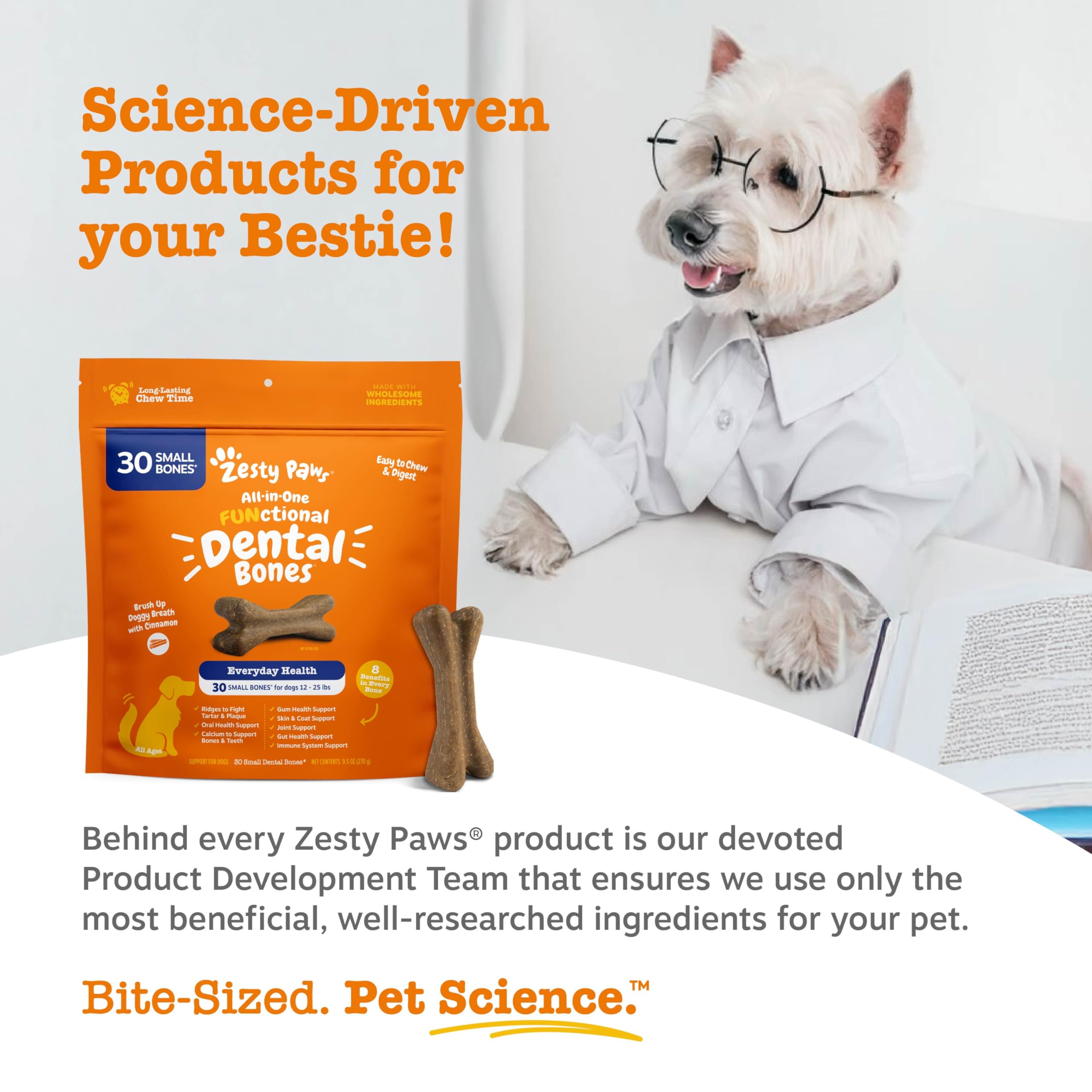 Zesty Paws Dental Bones support skin and coat nourishment with omega fatty acids.