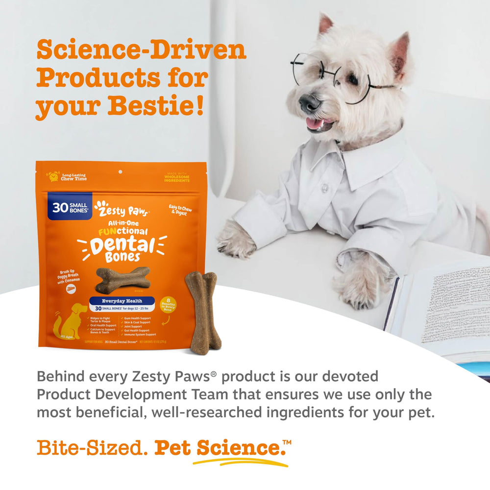 Zesty Paws Dental Bones support skin and coat nourishment with omega fatty acids.