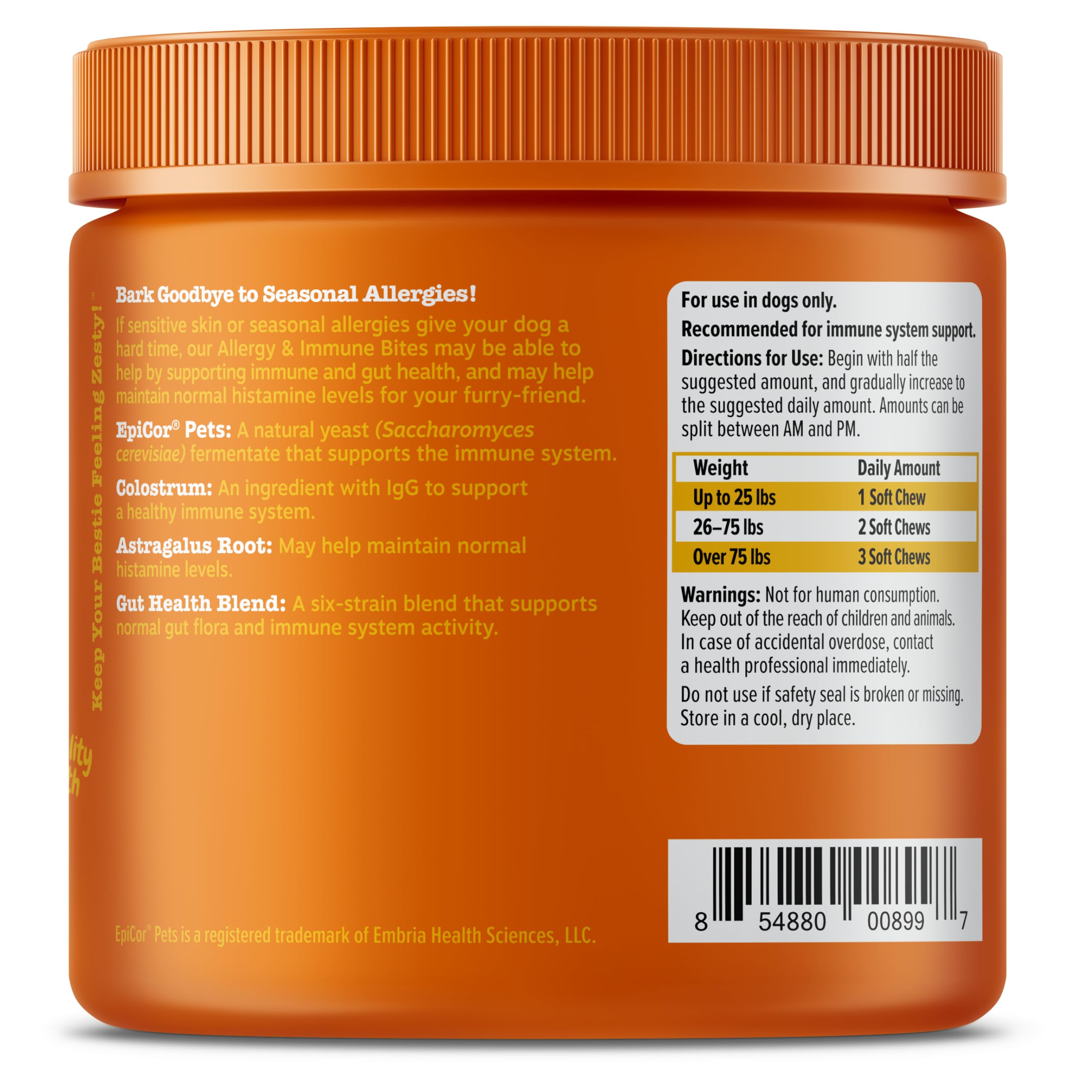 Zesty Paws packaging shot hints at immune and digestive support benefits.