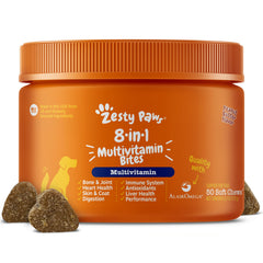 Zesty Paws dog multivitamin bottle close-up highlighting joint support.