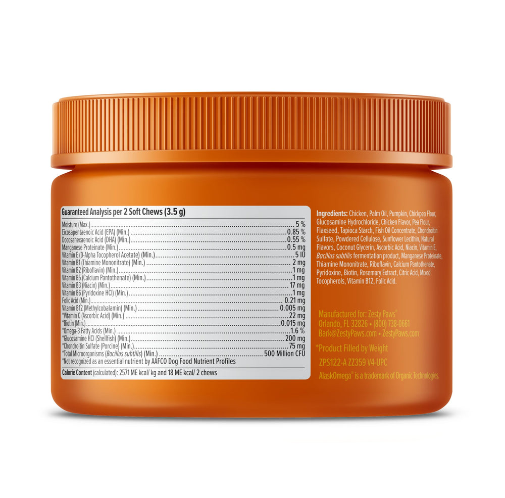 Zesty Paws digestive health blend shown with serving bowl.