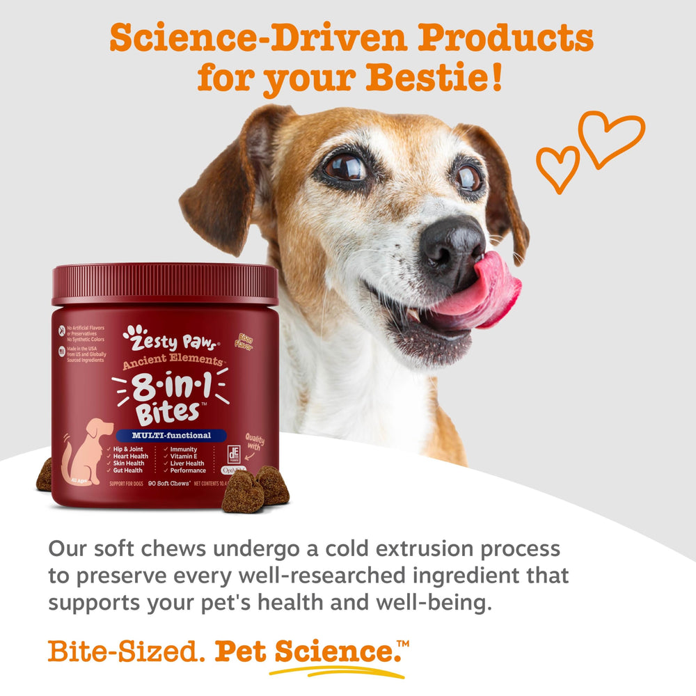 Zesty Paws skin coat health shot suggests a shinier coat and comfortable skin