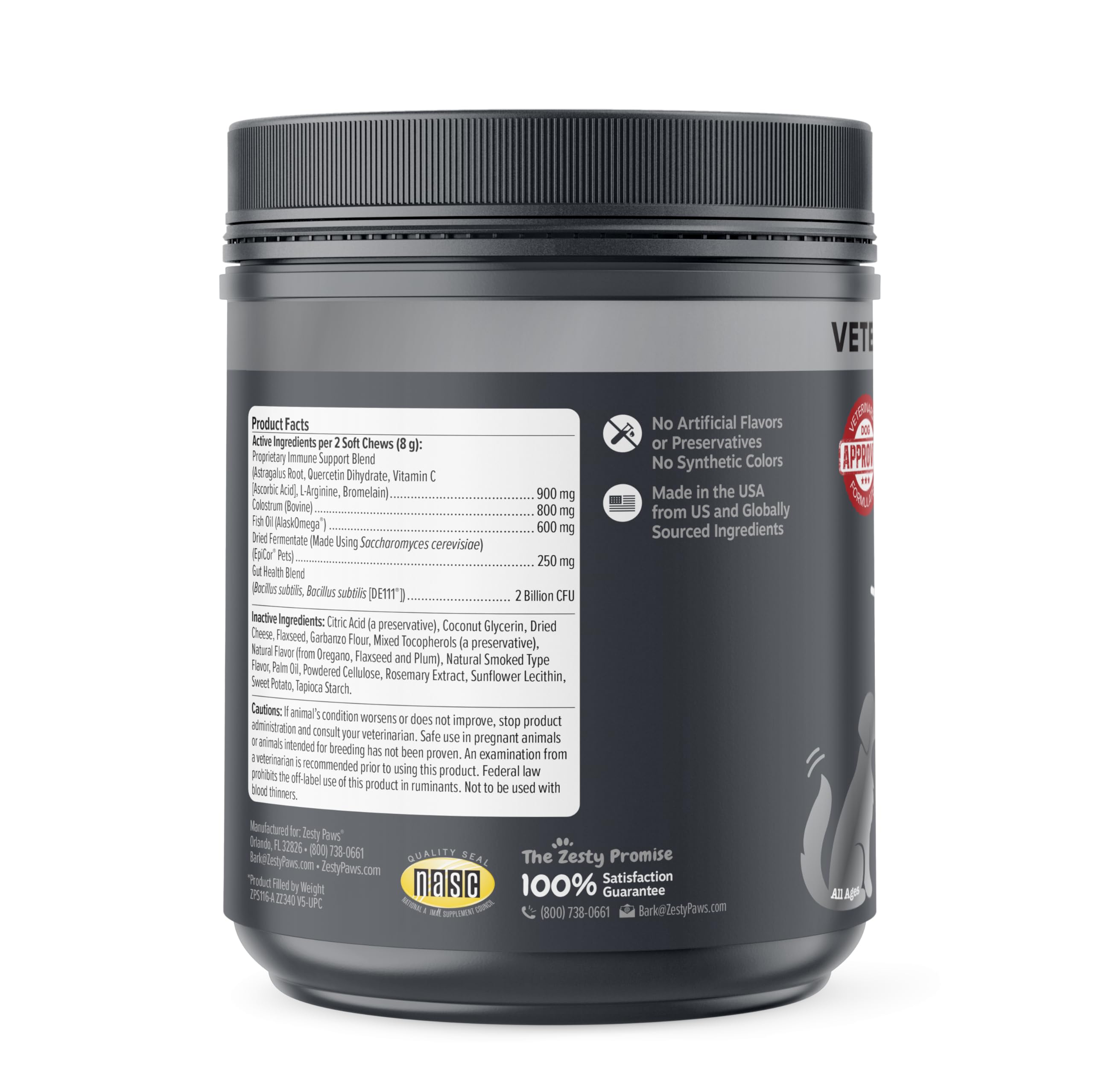 Zesty Paws Vet Strength ingredients label close-up featuring EpiCor Pets for immune support.