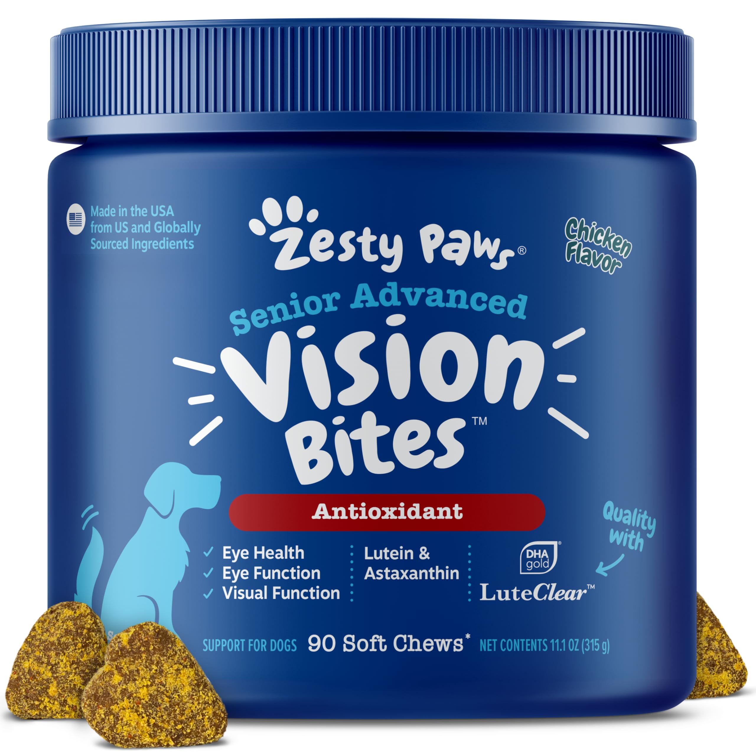 Zesty Paws Eye Supplement bottle showing chews for dog eye health