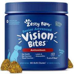 Zesty Paws Eye Supplement bottle showing chews for dog eye health