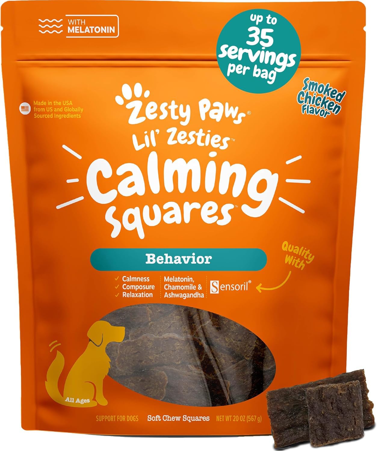 Zesty Paws calming squares in a pouch promote easing nerves in dogs