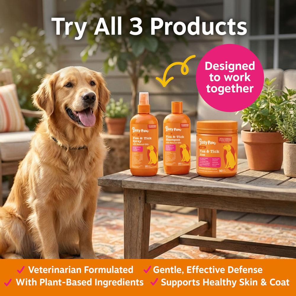 Zesty Paws bottle closeup highlights premium dog shampoo packaging.