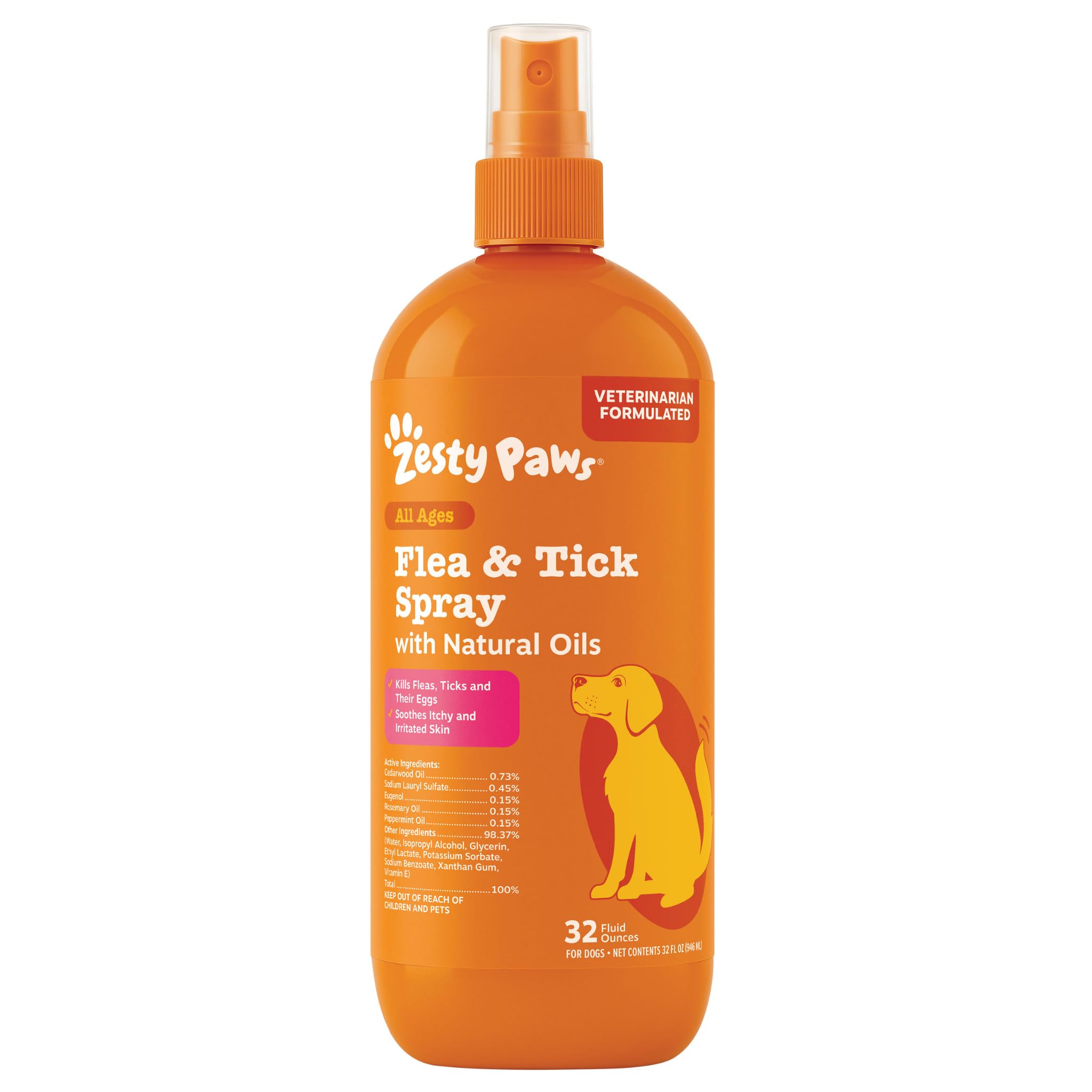Zesty Paws flea-tick-spray bottle front showing vet-formulated protection for dogs against pests