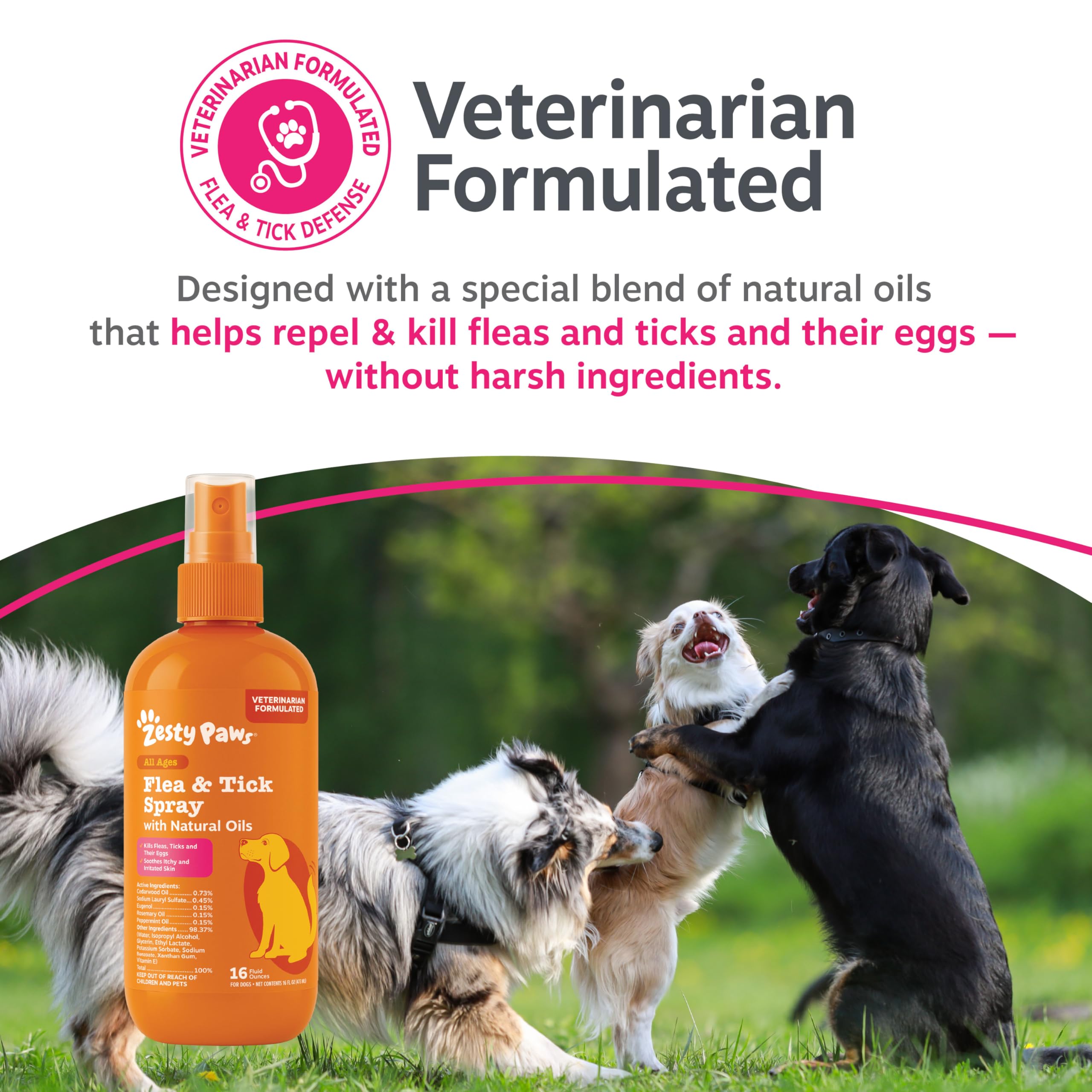 Zesty Paws flea-tick-spray used after outdoor play for ongoing protection