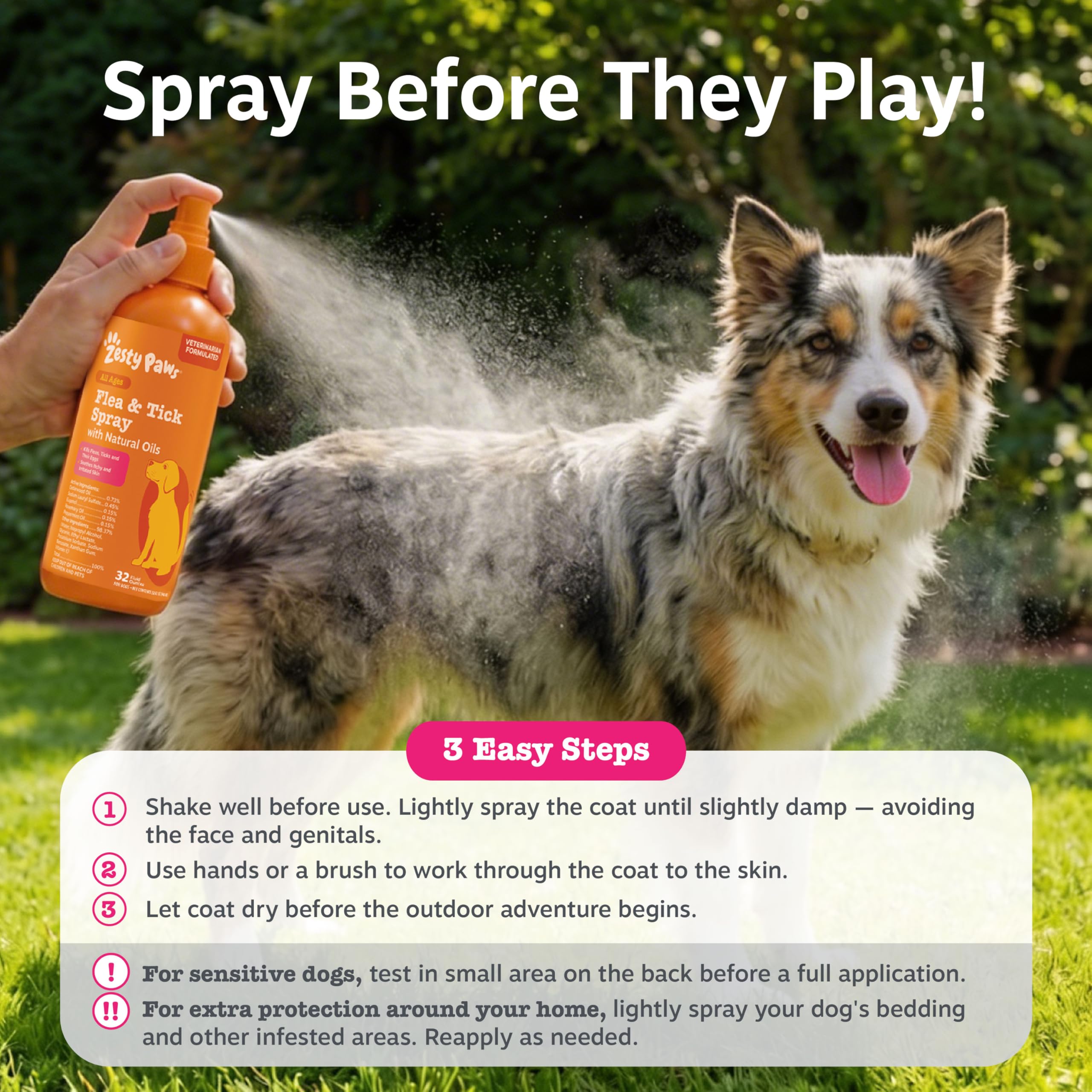 Zesty Paws flea-tick-spray ingredients highlight natural oils for skin comfort