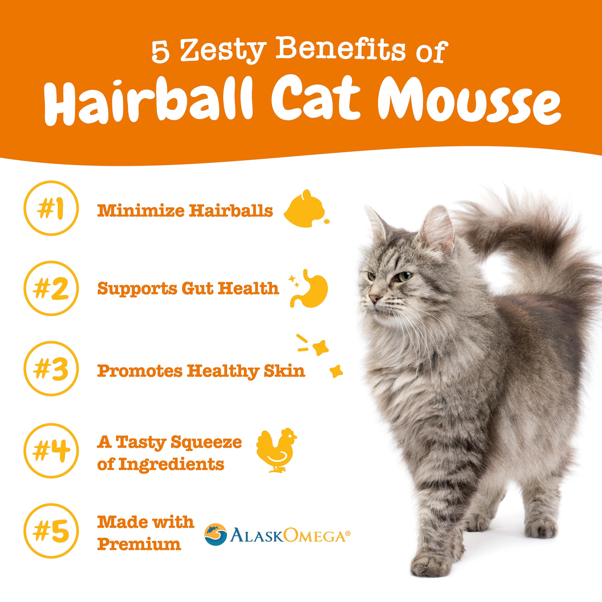 Zesty Paws Hairball Cat Mousse dispensing pose highlights convenient lickable format