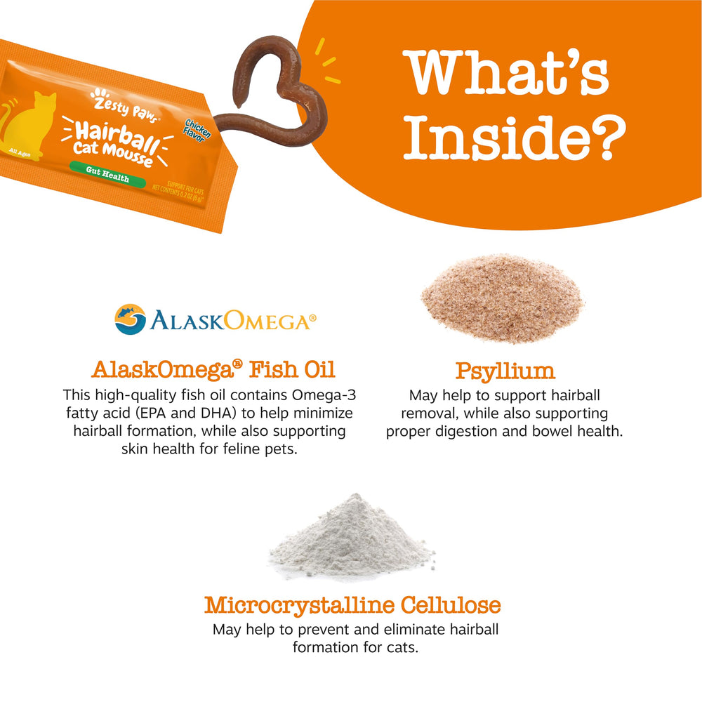 Zesty Paws Hairball Cat Mousse label details emphasize premium ingredients