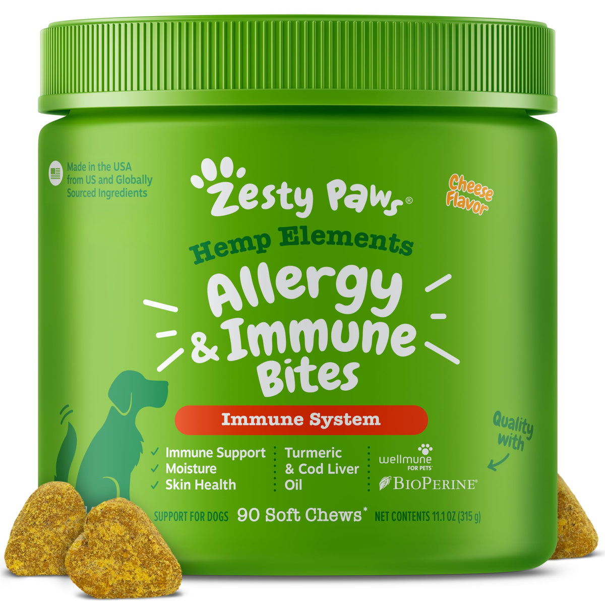 Zesty Paws Hemp Allergy Immune Bites packaging shows cheese-flavored dog chews for immune support.