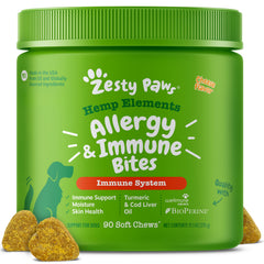 Zesty Paws Hemp Allergy Immune Bites packaging shows cheese-flavored dog chews for immune support.