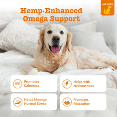 Zesty Paws Hemp Elements Calming Bites ingredients highlight hemp and Suntheanine for relaxation.