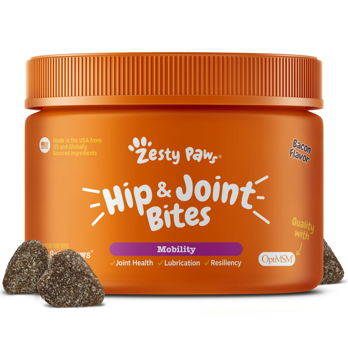 Zesty Paws Hip & Joint bottle shows bacon-flavored chews for mobility.