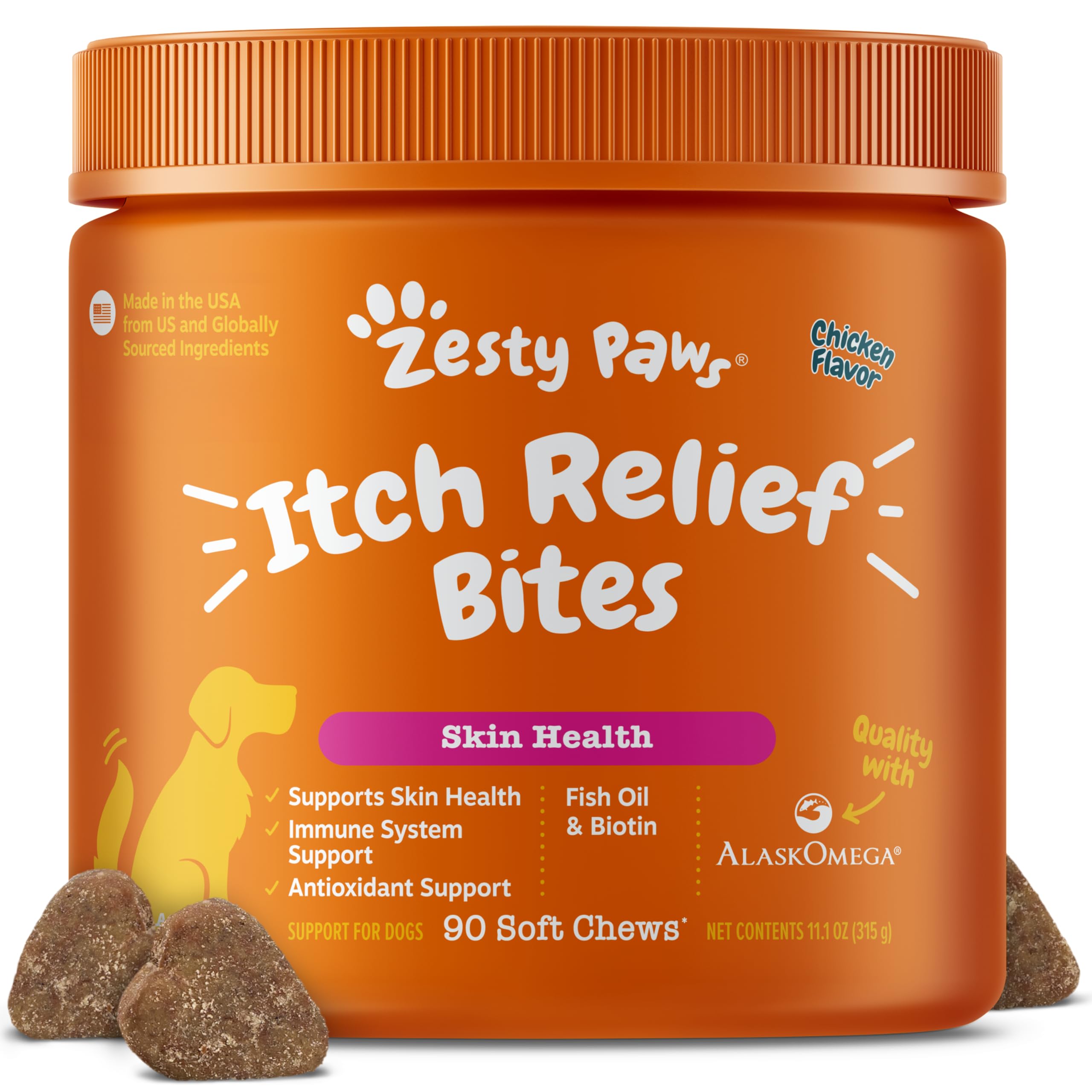 Zesty Paws Itch Relief bottle front shows omega-3 chews for skin support.