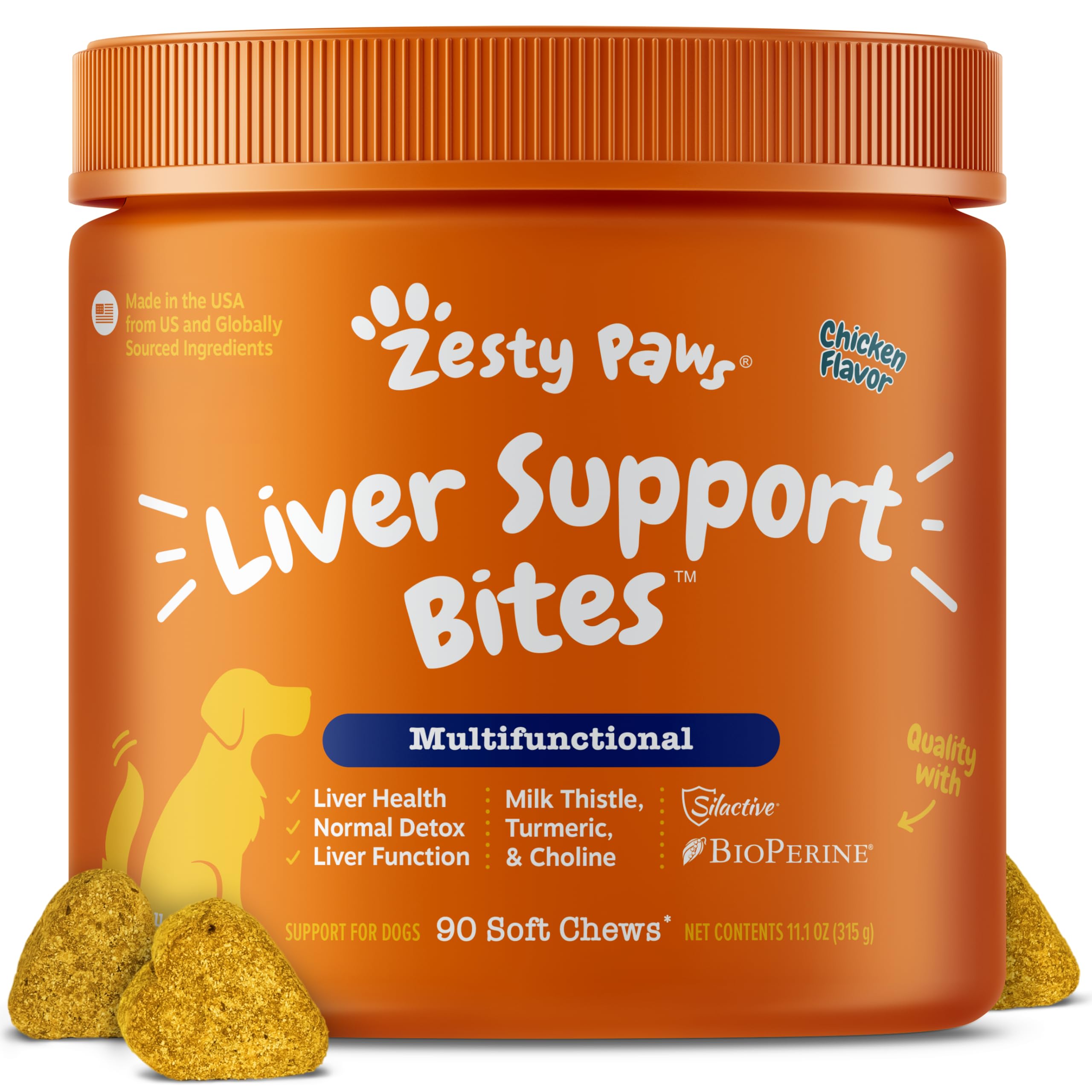 Zesty Paws Liver Support Bites bottle shows easy-to-serve chews for daily liver support.