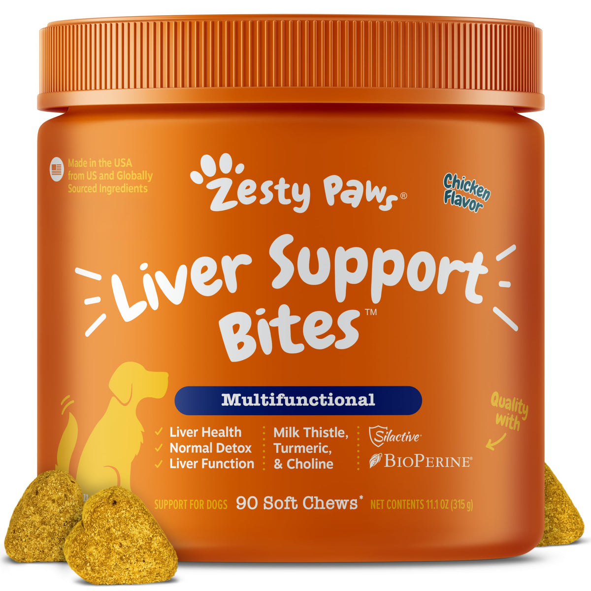Zesty Paws Liver Support Bites bottle shows easy-to-serve chews for daily liver support.