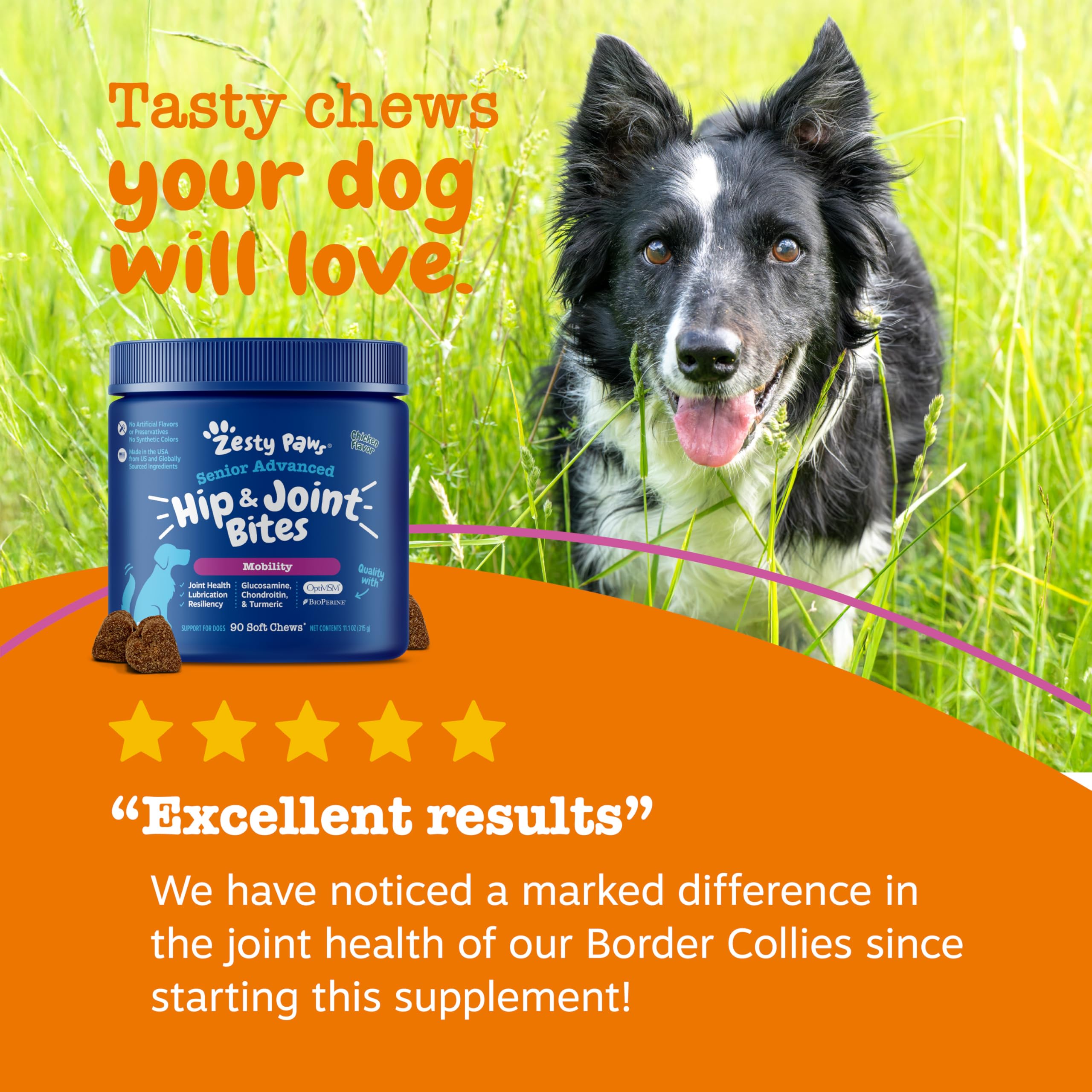 Zesty Paws Mobility Bites Adv Chicken flavor packaging and 90 count
