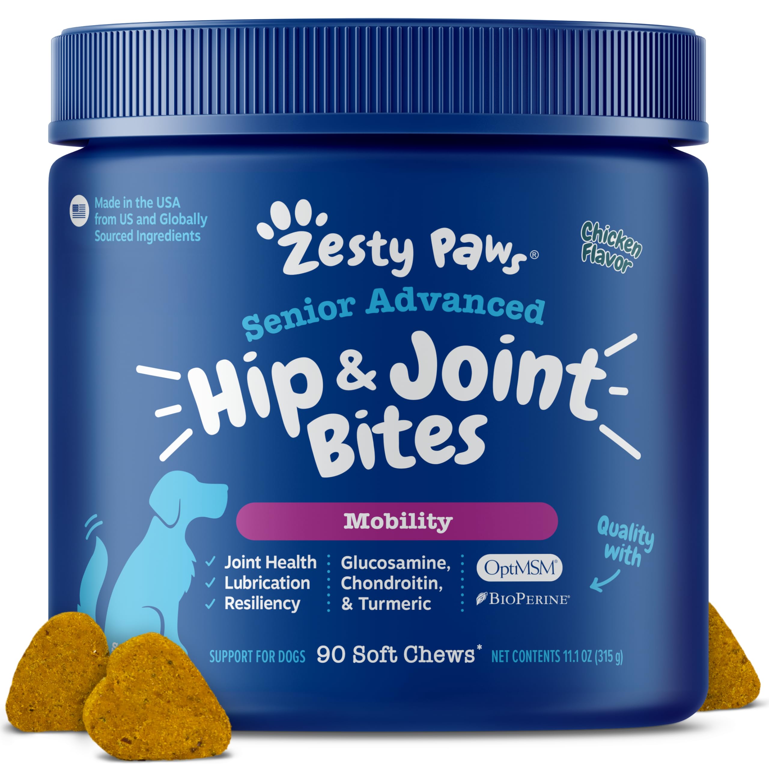 Zesty Paws Mobility Bites bottle view showing senior dog joint chews