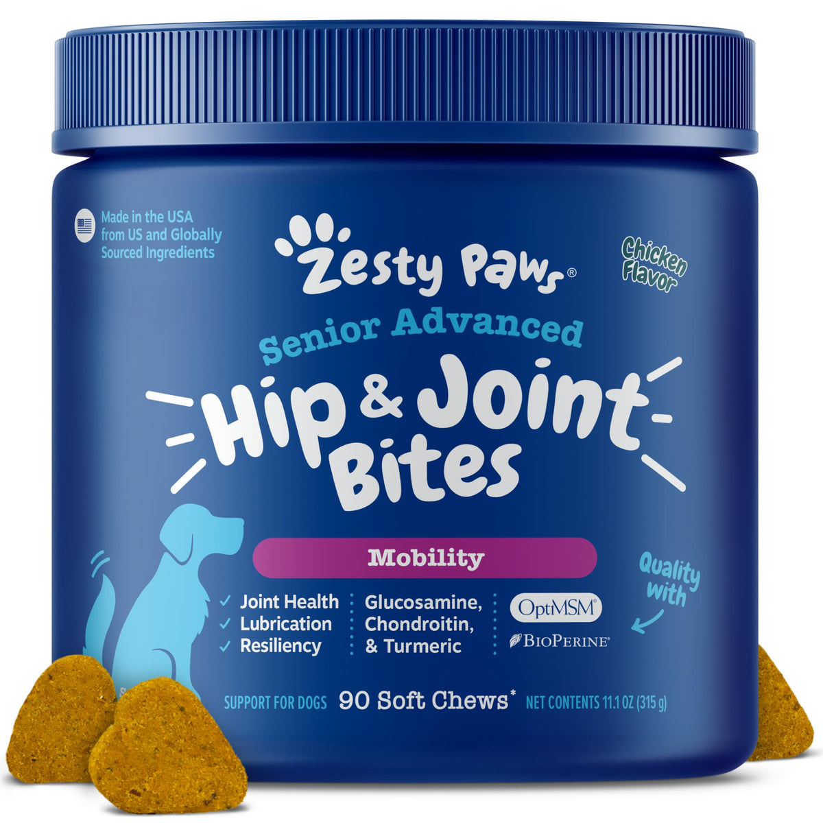 Zesty Paws Mobility Bites bottle view showing senior dog joint chews
