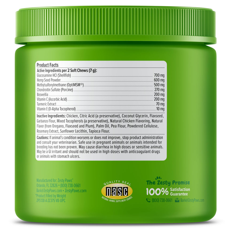 Zesty Paws Mobility Bites hemp seed inclusion for fatty acids