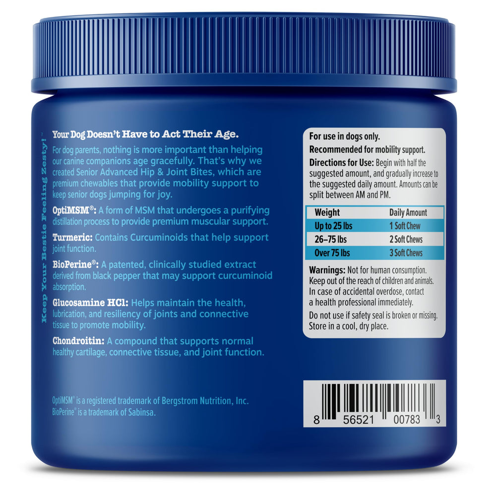 Zesty Paws Mobility Bites hyaluronic acid and vitamins C & E