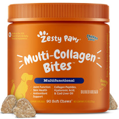 Zesty Paws Multi Collagen Soft Chews bottle pouring, highlighting joint support potential.