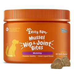 Zesty Paws Mussel Mobility Bites bottle showing convenient packaging for joint support