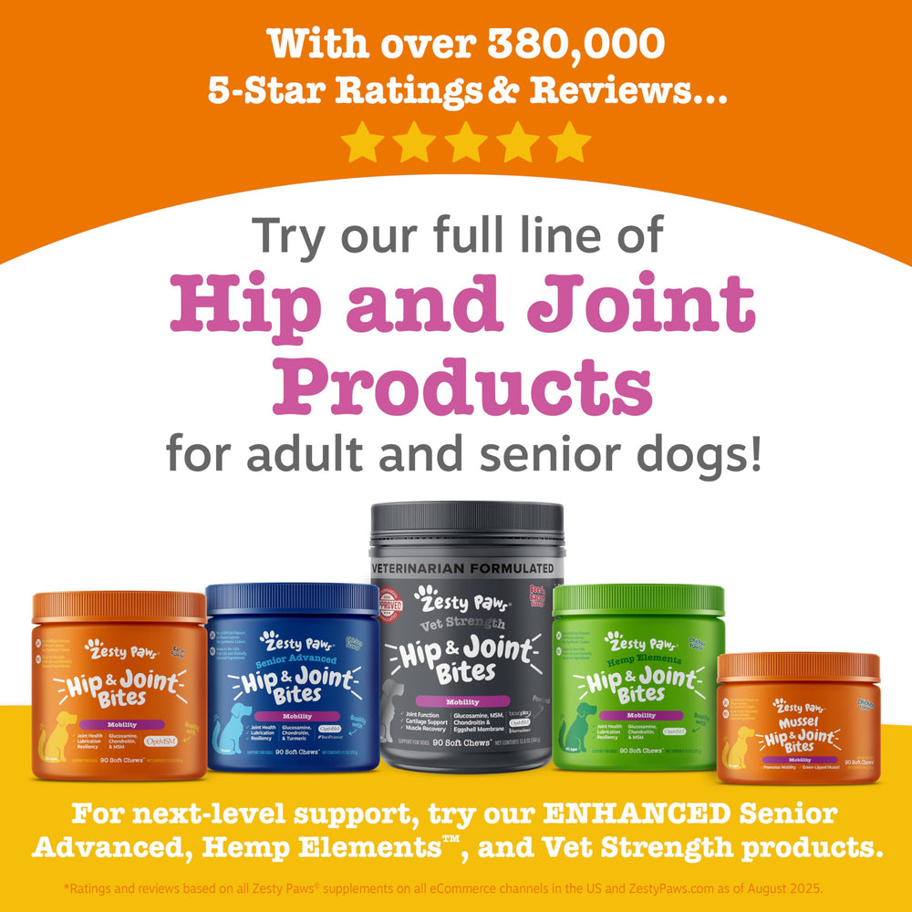 Hip and joint support concept with Zesty Paws Mussel Mobility Bites