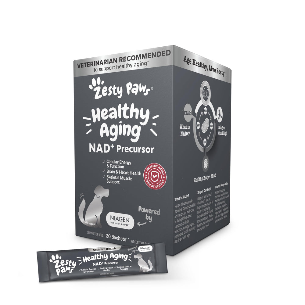 Zesty Paws NAD+ sachets close-up highlighting Niagen potency for aging support.