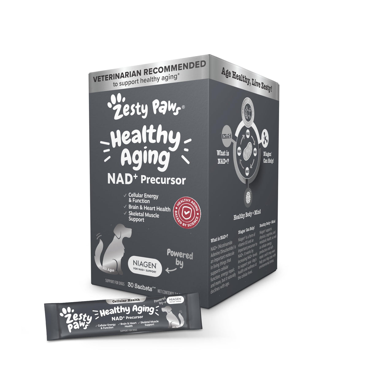 Zesty Paws NAD+ sachets close-up highlighting Niagen potency for aging support.
