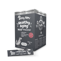 Zesty Paws NAD+ sachets close-up highlighting Niagen potency for aging support.