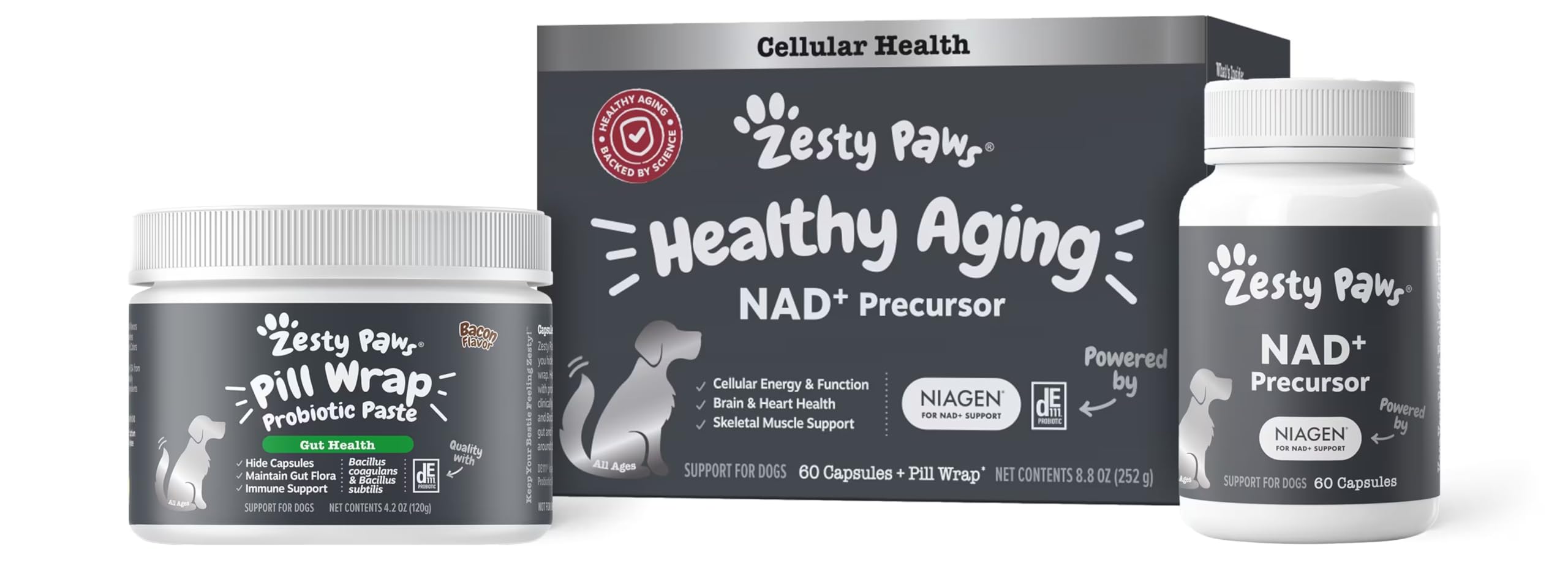 Zesty Paws Niagen capsules close-up for canine NAD+ support.
