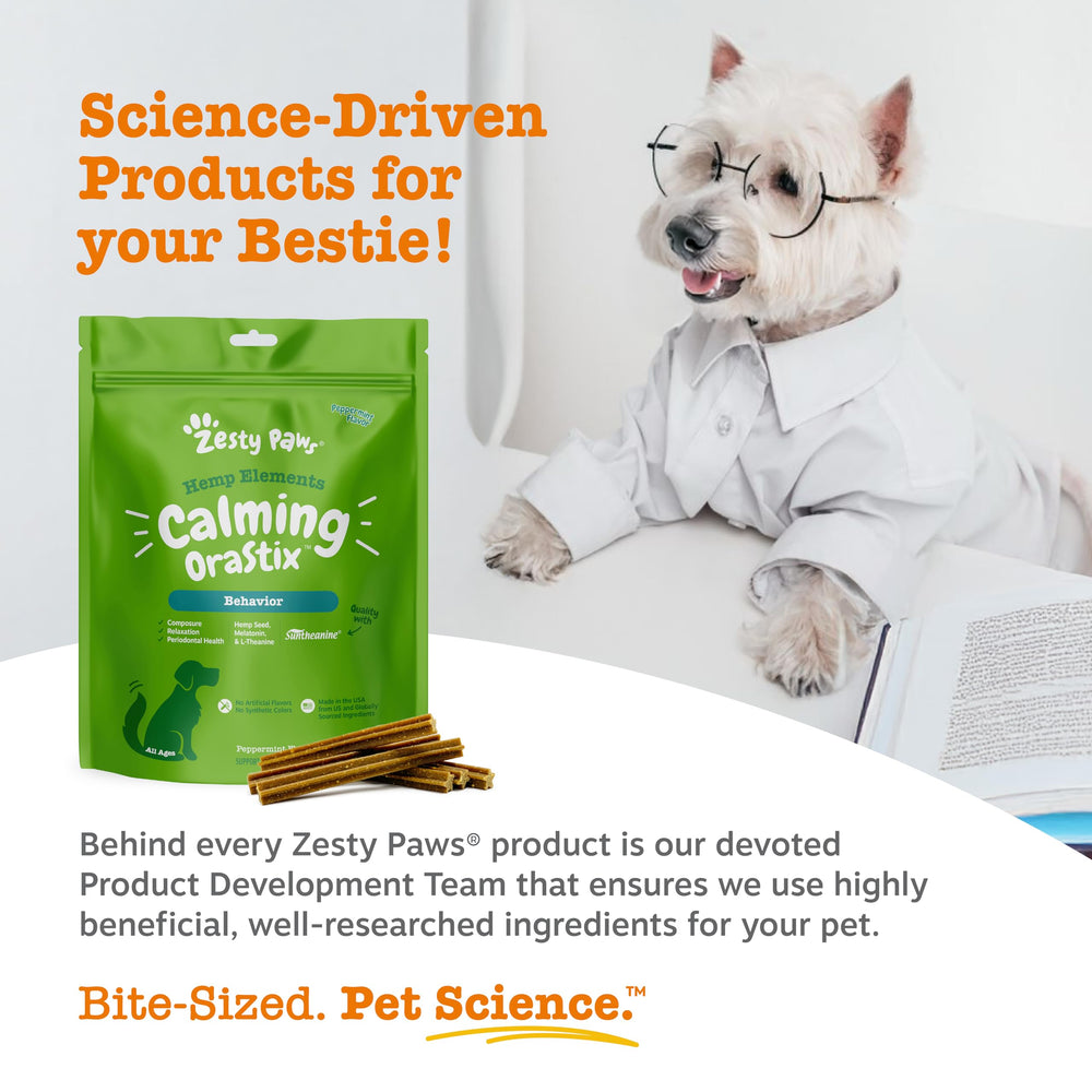 Chamomile-infused OraStix sticks for dogs aiding comfortable, balanced behavior after training.