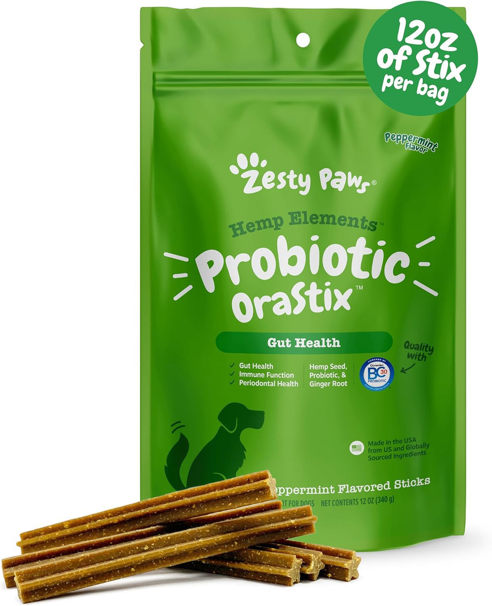 Zesty Paws Orastix packaging for dogs highlights a tasty probiotic stick with dental and gut benefits.