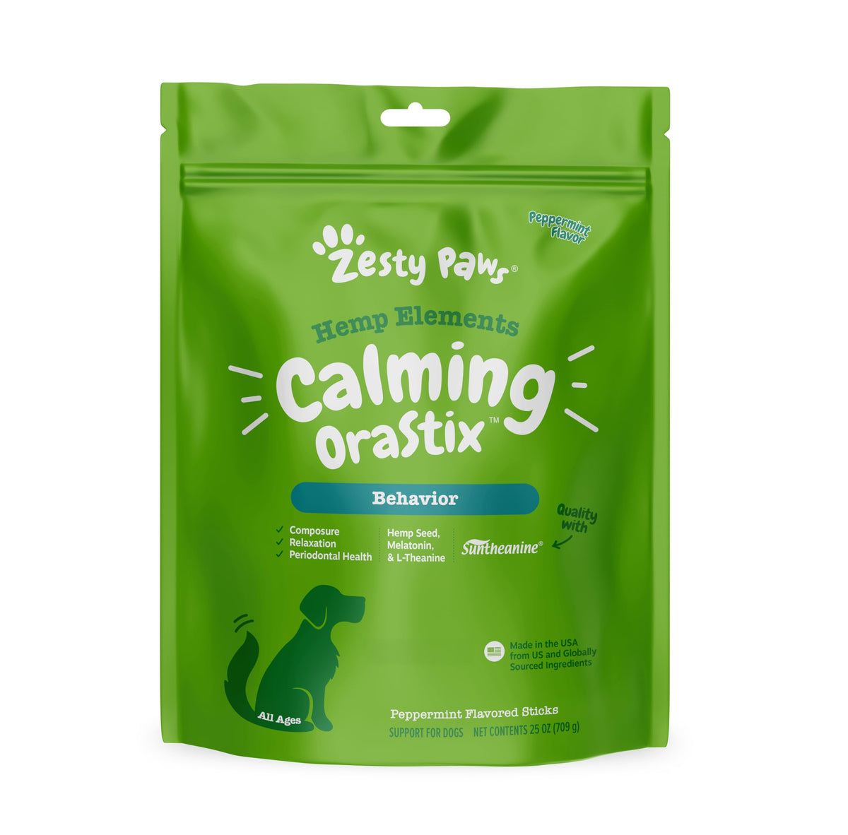 Zesty Paws OraStix stress-relief sticks for dogs help anxious pets stay calm during loud events.