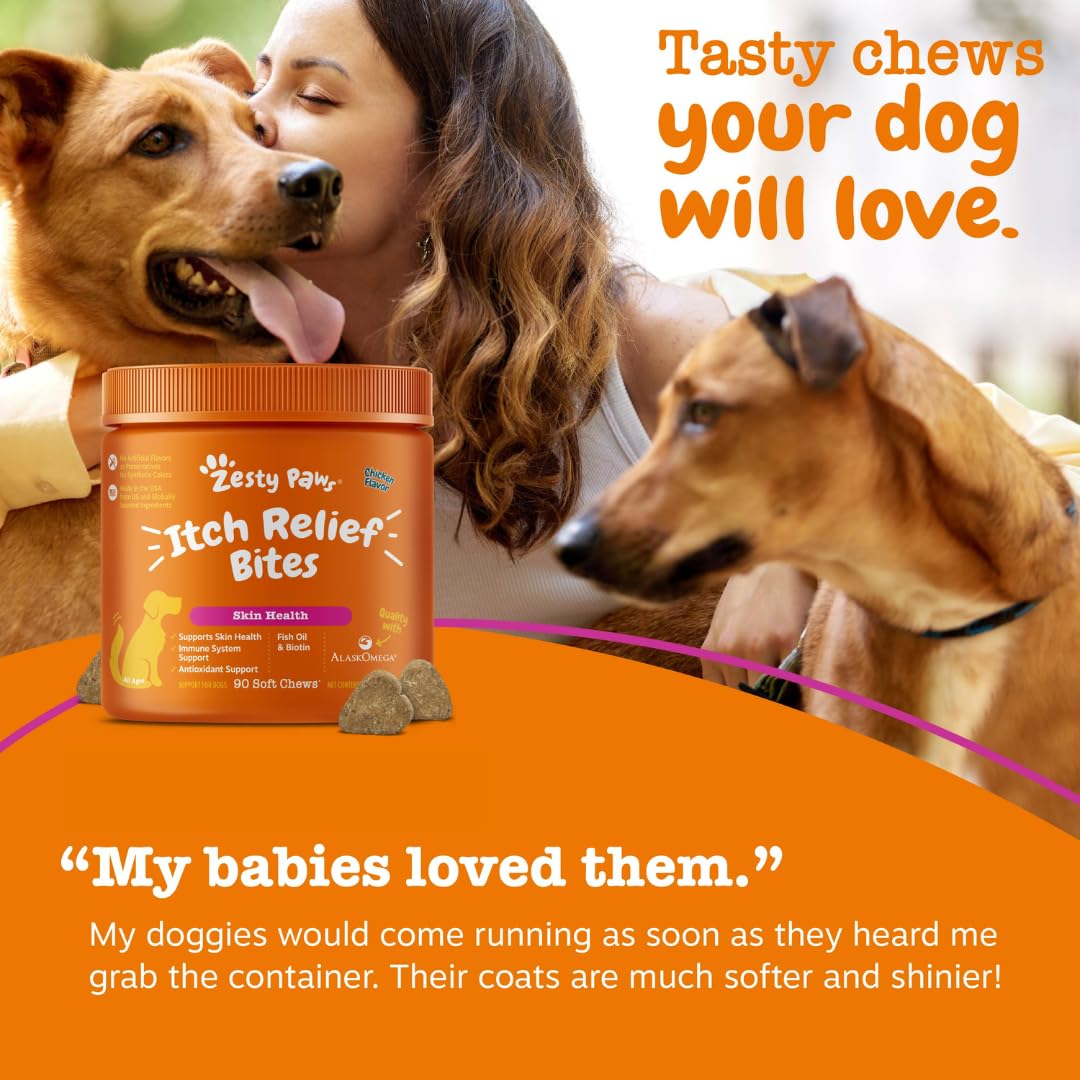 Zesty Paws packaged product with dog beside it on counter.