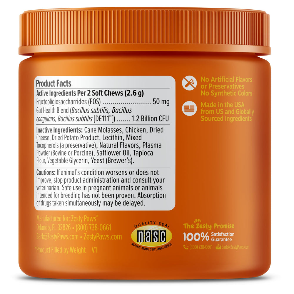 Zesty Paws Probiotic Bites bottle and packaging; trusted feline digestive support.