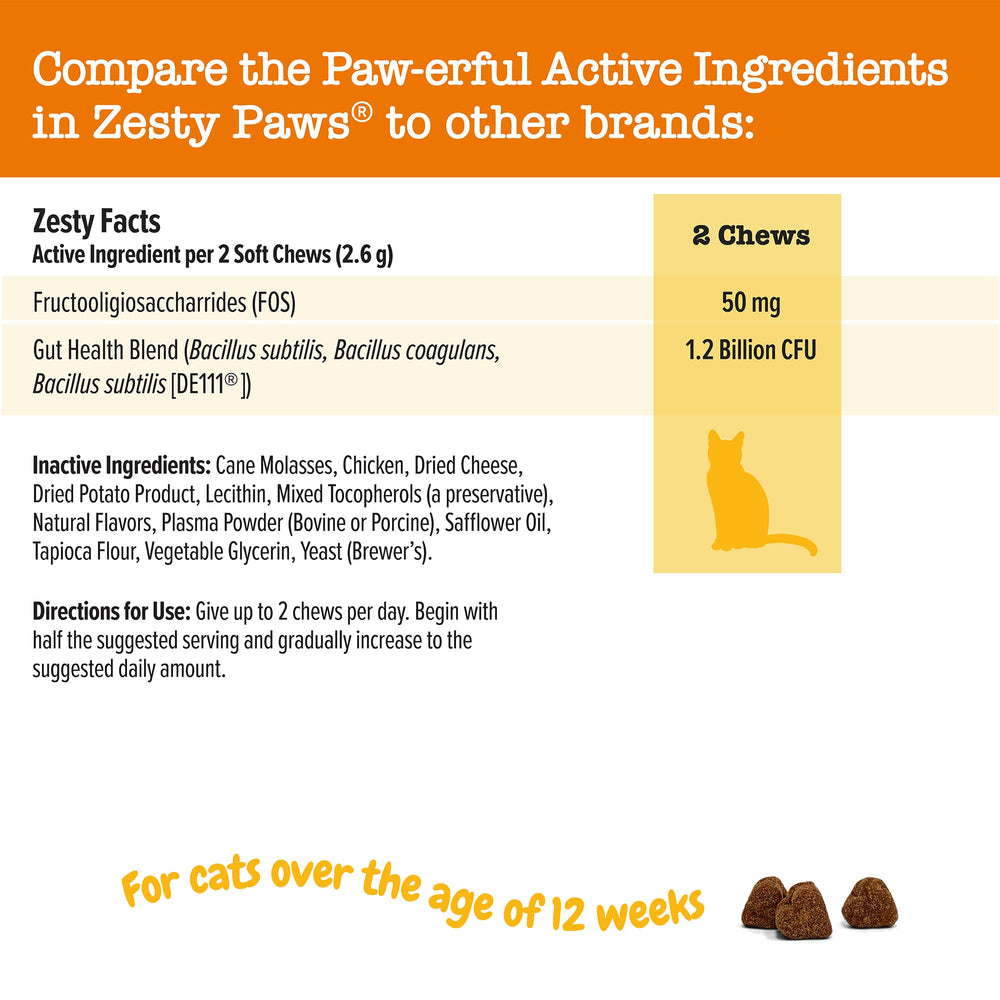 Zesty Paws Probiotic Bites label view; premium prebiotic FOS included.