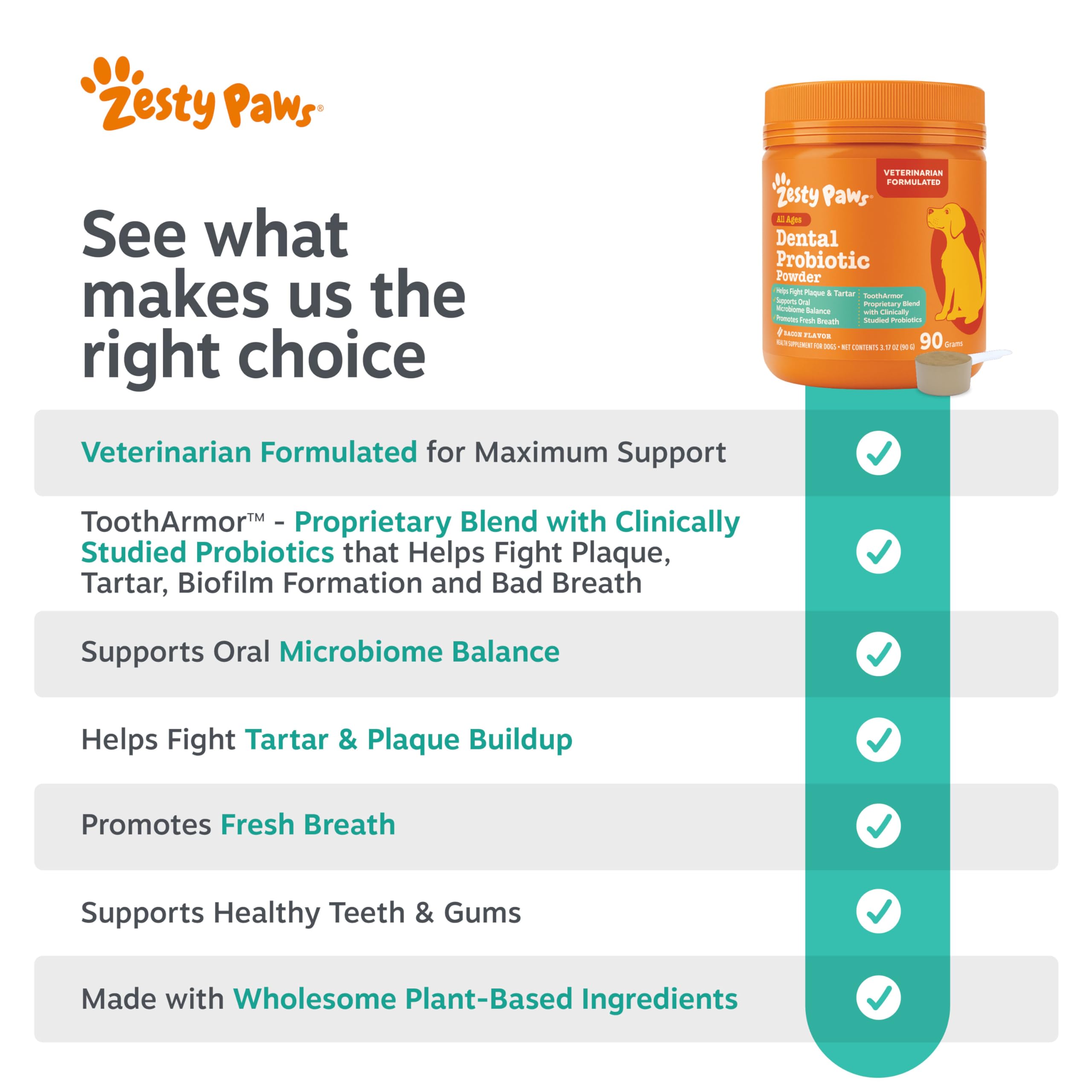 Zesty Paws Probiotic Dental Powder demonstrates suitability for small, medium, and large dogs.