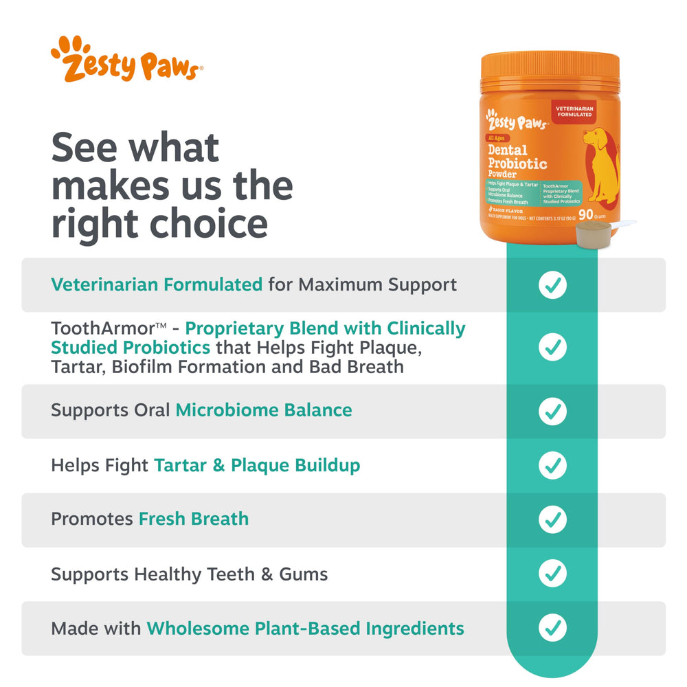 Zesty Paws Probiotic Dental Powder demonstrates suitability for small, medium, and large dogs.