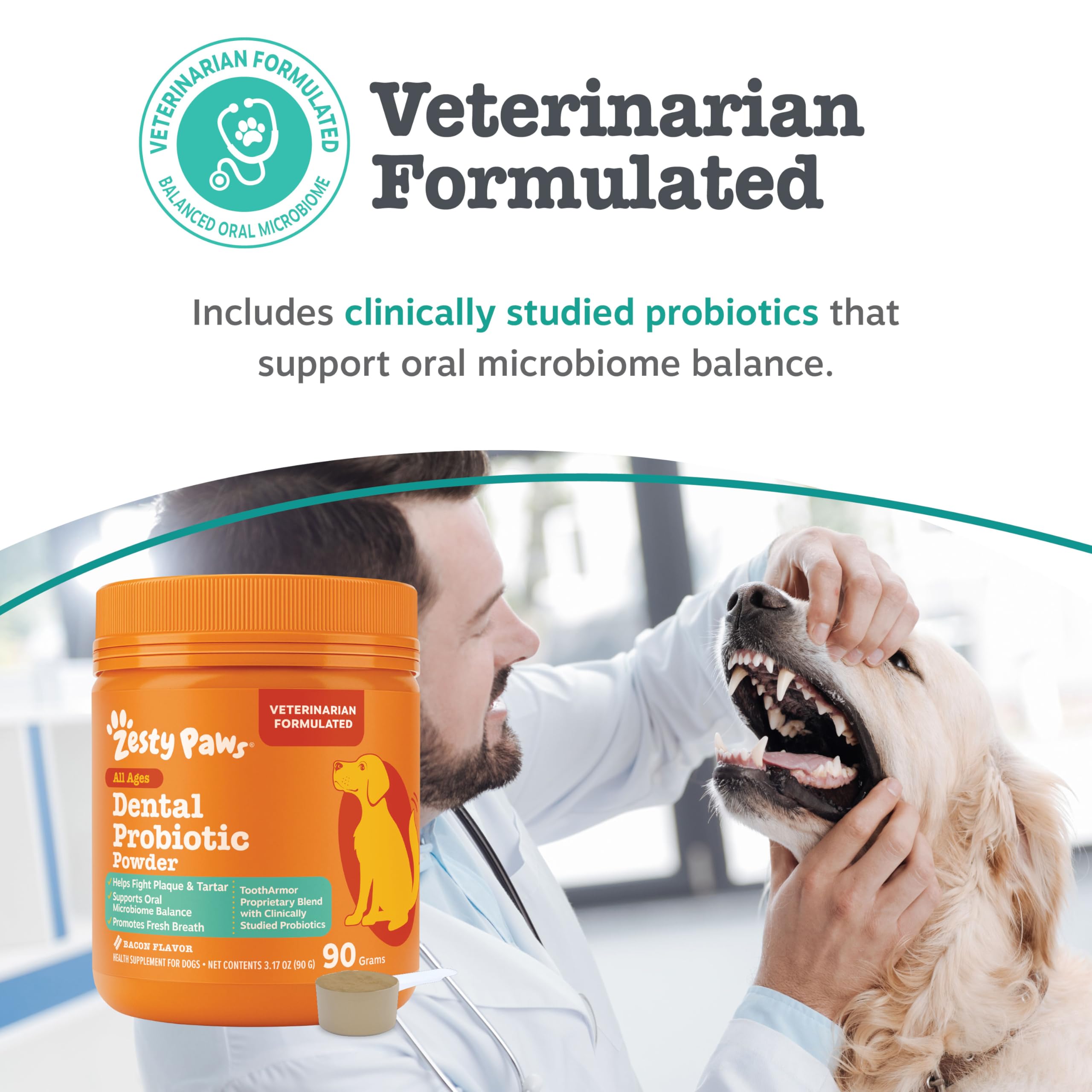 Zesty Paws Probiotic Dental Powder hero packaging for at-home dental care.