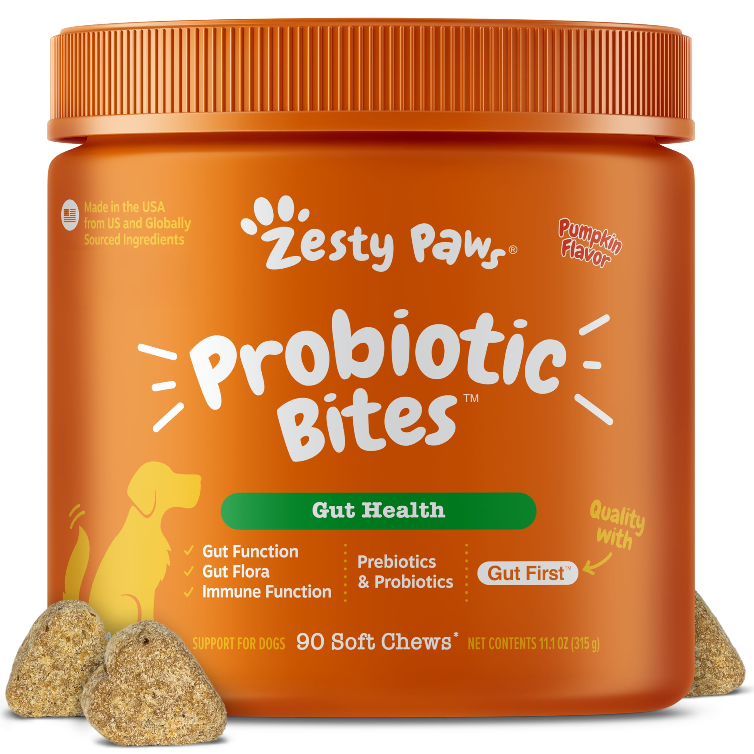 Zesty Paws Probiotics dog bites pack label highlights digestive support for dogs.